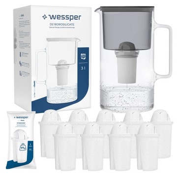 Dzbanek filtrujący szklany Wessper 3l Czarny + 10x Filtr aquaclassic 77g