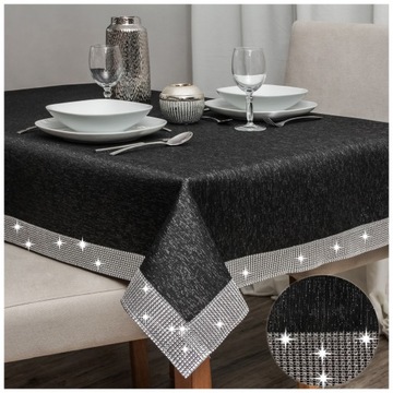 Obrus plamoodporny GLAMOUR w srebrne CYRKONIE 140x200 CZARNY SZARY BIAŁY