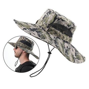 Męski kapelusz przeciwsłoneczny z szerokim rondem, ochrona przed promieniowaniem UV, szara gwiazda moro