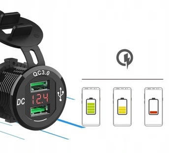 ЗАРЯДНОЕ УСТРОЙСТВО ДЛЯ МОТОЦИКЛА 2x USB QC3.0 ВОЛЬТМЕТР 3A C