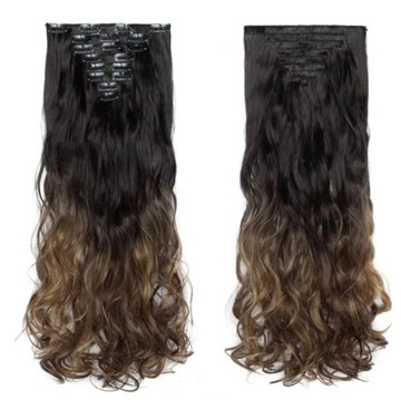 Наращивание волос в стиле омбре, черно-коричневые, на заколке, 65 см, волны