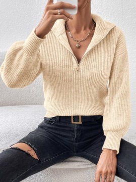 SWETEREK ZE STÓJKĄ Z ROZPINANYM DEKOLTEM LUŹNY BEŻOWY CASUAL SHEIN M 38