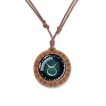 Drewniany Naszyjnik z Wisiorem Konstelacje Zodiaku i Szkło Vintage
