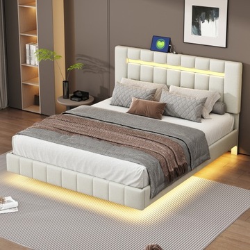 Łóżko tapicerowane 160x200 tapicerowana rama łóżka pływającego LED Biały