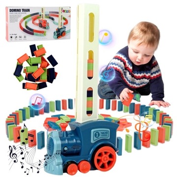 KOLEJKA POCIĄG LOKOMOTYWA UKŁADAJĄCA KLOCKI DOMINO