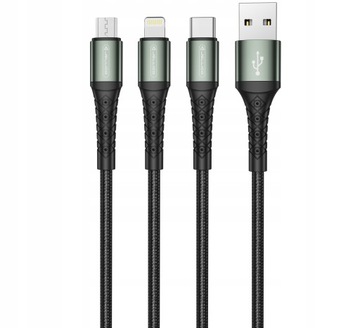KABEL 3w1 Z OPLOTEM USB-A NA USB-C, LIGHTING, micro USB 1,2M WIELOFUNKCYJNY