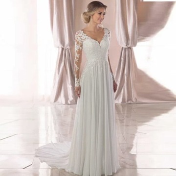 Suknia ślubna linia-A dekolt szpic koronka długie cieliste rękawy 52 22W