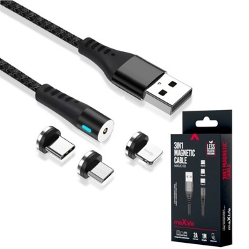 SZYBKI KABEL MAXLIFE MAGNETYCZNY 3W1 USB-C MICRO USB LIGHTNING 2A 1M