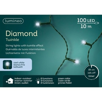 Lampki 100 led z programatorem zimny biały 9,9m