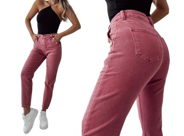 PREMIUM WYGODNE I ELASTYCZNE SPODNIE JEANSY MOM FIT RÓŻOWE Z GUZIKAMI 38