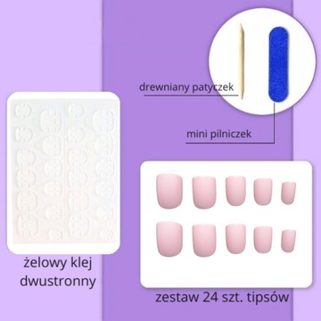 PAZNOKCIE SZTUCZNE TIPSY SHORT SQUARE JASNY RÓŻ KWADRAT SAMOPRZYLEPNE 24SZT