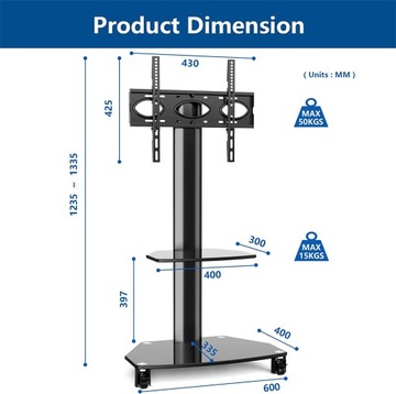 ПОДСТАВКА ДЛЯ ТВ 27-60 ДЮЙМОВ, КОЛЕСА, 50 КГ, 2 ПОЛКИ