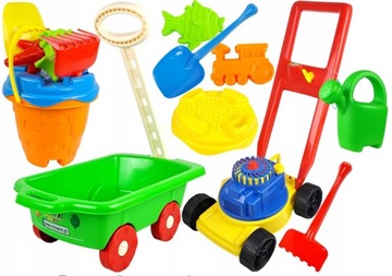 DUŻY ZESTAW DO PIASKU KOSIARKA WÓZEK WIADERKO KONEWKA FOREMKI