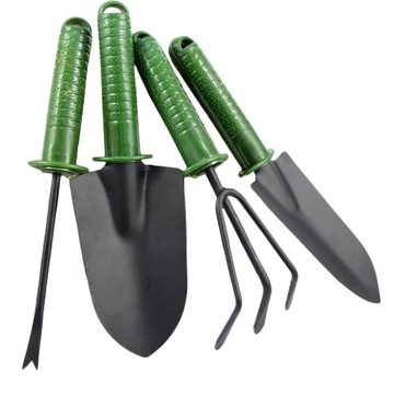 Набор садово-огородных инструментов: лопата, грабли, когти, перчатки.