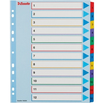 Przekładki kartonowe na segregator A4+ 1-12 kolorowe ESSELTE