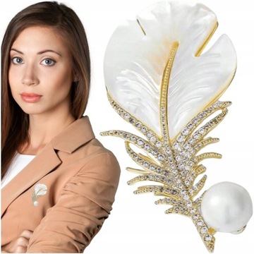 Złota elegancka broszka piórko z cyrkoniami perełką ozdobna przypinka pióro