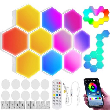 LAMPA KOLOROWY ŚCIENNA DEKORACJA HEXAGON LED RGB INTELIGENTNA APP PILOT X10