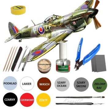 MODEL PLASTIKOWY SAMOLOTU SPITFIRE Mk.XVI ZESTAW: FARBY, KLEJ+NARZĘDZIA