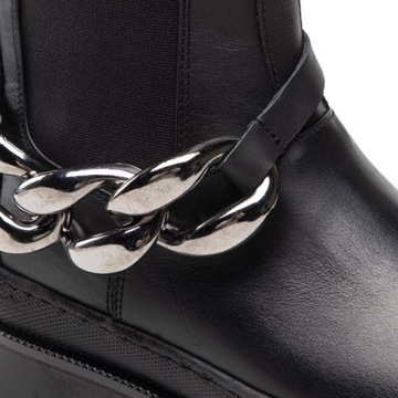 czarne skórzane botki damskie sztblety z łańcuchem ocieplane buty Karino 39
