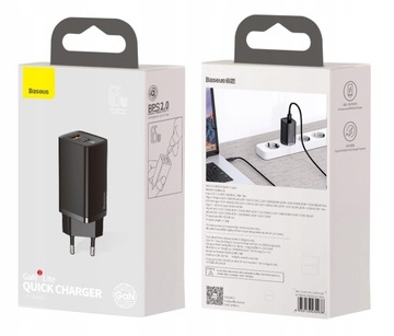 Сетевое зарядное устройство Baseus GaN2 Lite, USB + USB-C, 65 Вт, ЕС (черное)