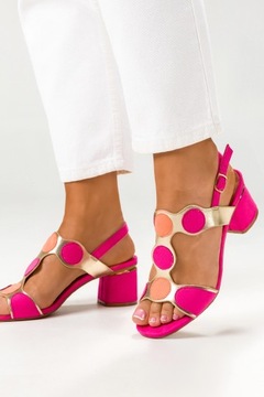 САНДАЛИИ ЖЕНСКИЕ, ДЕКОРАТИВНЫЕ, РАЗНОЦВЕТНЫЕ ВСТАВКИ, БЛОК-КАБЛУК, МОДНЫЕ РОЗОВЫЕ, размер 35