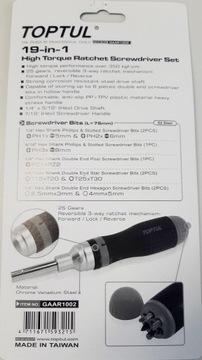 ОТВЕРТКА С ДВУХСТОРОННИМИ СМЕННЫМИ НАСАДКАМИ 19 В 1 TOPTUL GAAR1002