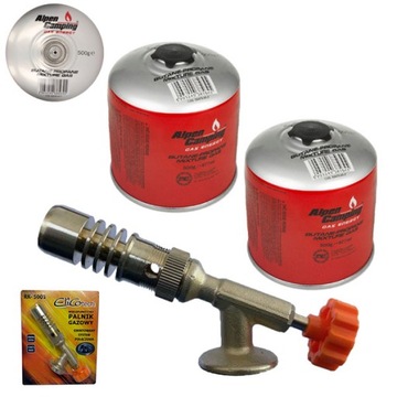 PALNIK GAZOWY opalarka lutlampa gwint 7/16 + 2x KARTUSZ GAZOWY 877ml 500g