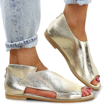 Złote sandały damskie lekkie eleganckie skórzana wkładka GDFL821 r.39