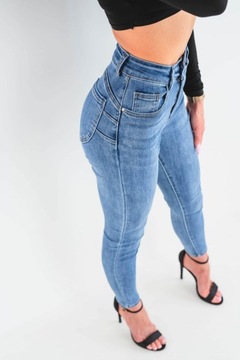 Ciemne klasyczne jeansy damskie dopasowane rurki PUSH UP M
