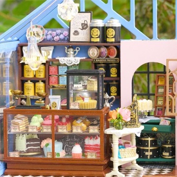 Miniaturowy domek DIY Różana herbaciarnia Ogród Kwiaty Słońce Oranżeria