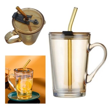 SZKLANY KUBEK Z UCHWYTEM I SŁOMKĄ RURKĄ NA NAPOJE HERBATĘ LEMONIADĘ 450ml