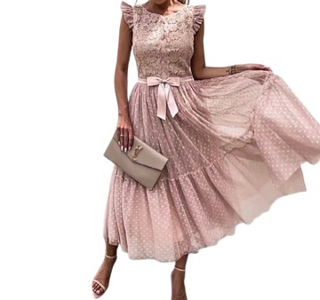 MD tylové ružové púdrové šaty ružová čipka | S