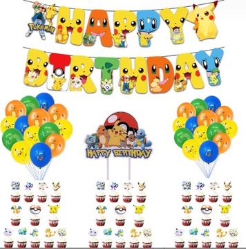 ZESTAW BALONÓW URODZINY POKEMONY PIKACHU DEKORACJE DO MUFFINEK GIRLANDA