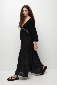 Pull and Bear - czarna sukienka boho maxi haft - L