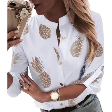 Elegancka damska biała bluzka ze stójką w ananasy rękaw 3/4 ozdobne guziki