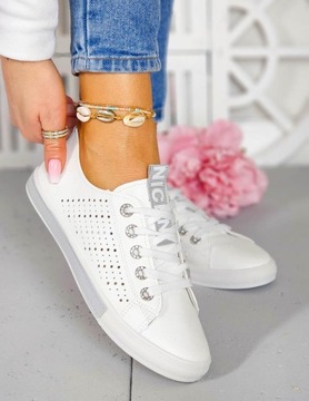 Białe Ażurowe Trampki Buty Sportowe Ze Skóry Cindy Grey 38