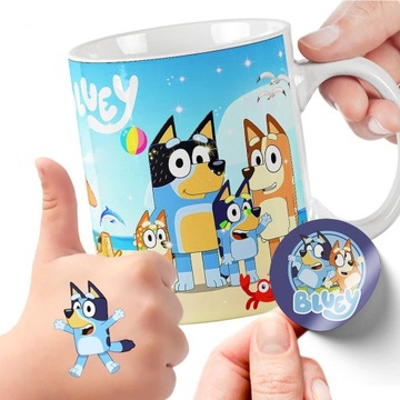 3w1 ZESTAW NA PREZENT KUBEK TATUAŻE NAKLEJKI BLUEY BLUE