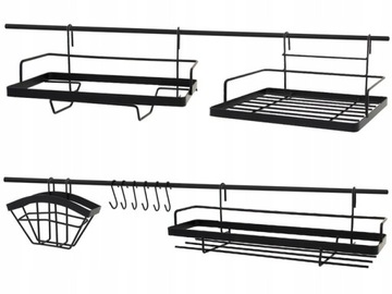 Drążek z haczykami półkami RELING KUCHENNY ŁAZIENKA WARSZTAT WIESZAK CZARNY