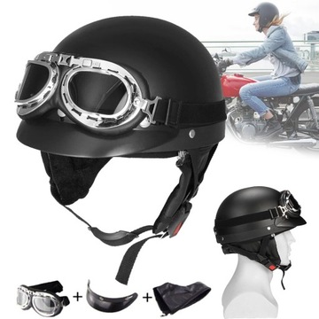 KASK MOTOCYKLOWY HEŁM ORZESZEK SKÓRZANY PÓŁOTWARTY + GOGLE ZDEJMOWANY