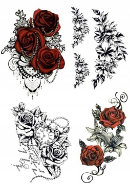Zestaw 4x Tatuaż zmywalny róża kwiat zegar serce