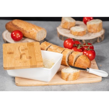 БЕЛАЯ ФАРФОРОВАЯ МАСЛЕНКА + НОЖ ДЛЯ МАСЛА С БАМБУКОВОЙ КРЫШКОЙ