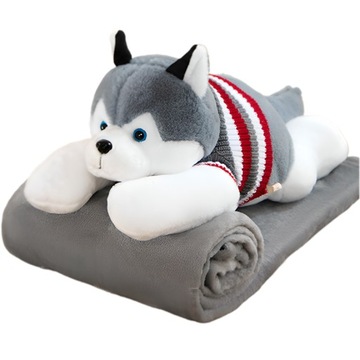 MASKOTKA PODUSZKA PRZYTULANKA Z KOCEM HUSKY W SWETERKU FUTERKO POPIEL 3w1