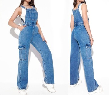 SPODNIE OGRODNICZKI CARGO DAMSKIE JEANSOWE MOM FIT WIDE LEG