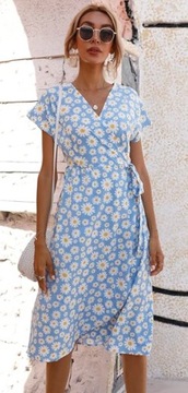 Sukienka wiązana niebieska krótki rękawek w kwiatki asymetryczna rozmiar XL