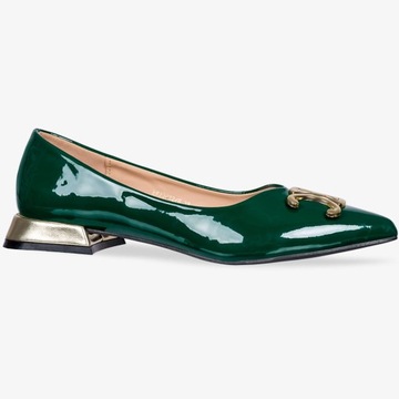 BALERINY LAKIEROWANE DAMSKIE Z OZDOBĄ NA NISKIM OBCASIE WKŁADKA SKÓRA r 36