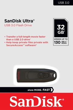 Pendrive Sandisk USB 3.0 Cruzer Ultra 32 GB 130 mb/s szybki kompaktowy