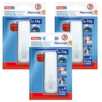 TESA POWERSTRIPS Haczyk hak samoprzylepny duży biały wielorazowy 3kg x3