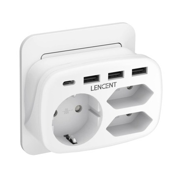 LENCENT - ROZGAŁĘZIACZ GNIAZDKA SIECIOWEGO Z 4 DODATKOWYMI PORTAMI USB / C