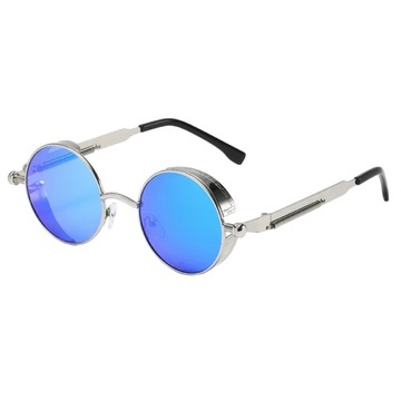 Okulary przeciwsłoneczne Steampunk UV400 retro okrągłe Niebieskie