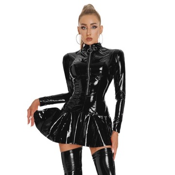 Long Sleeve Women's PVC Leather Zipper Mini Dress